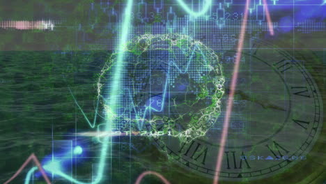 animación de gráficos sobre procesamiento de datos, cerebro digital, reloj y mar