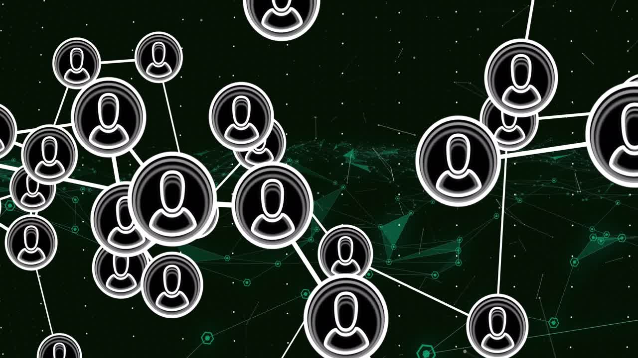 animación de iconos conectados sobre puntos conectados que forman formas geométricas sobre un fondo negro