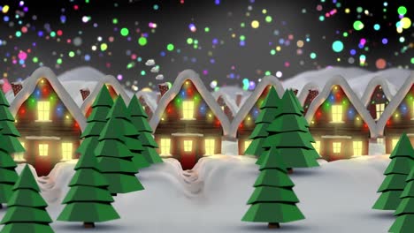 Animation-of-snow-falling-over-houses-with-fairy-lights