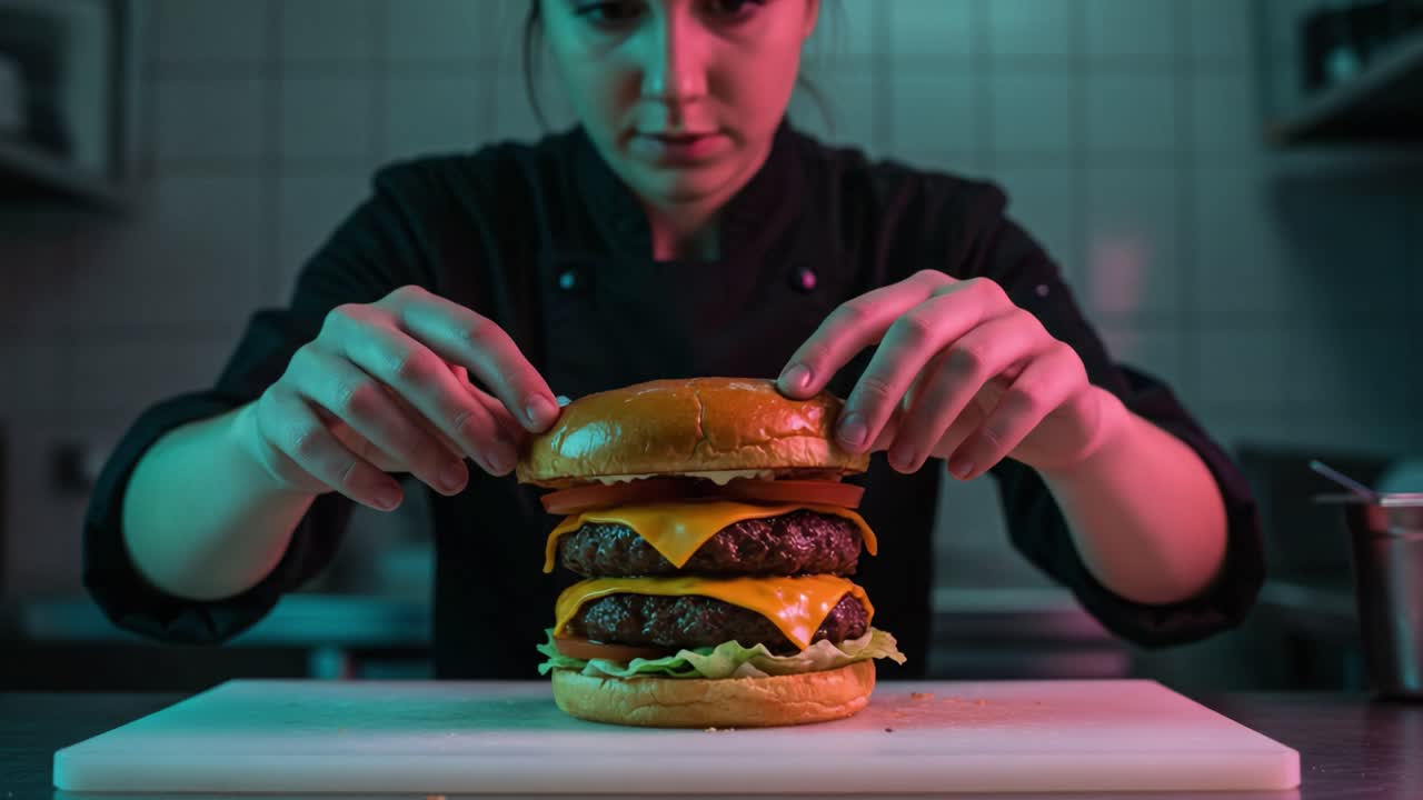 Crafting a Delicious Gourmet Burger: A Culinary Artist Assembles a Towering Feast of Savory Ingredients in a Professional Kitchen Environment