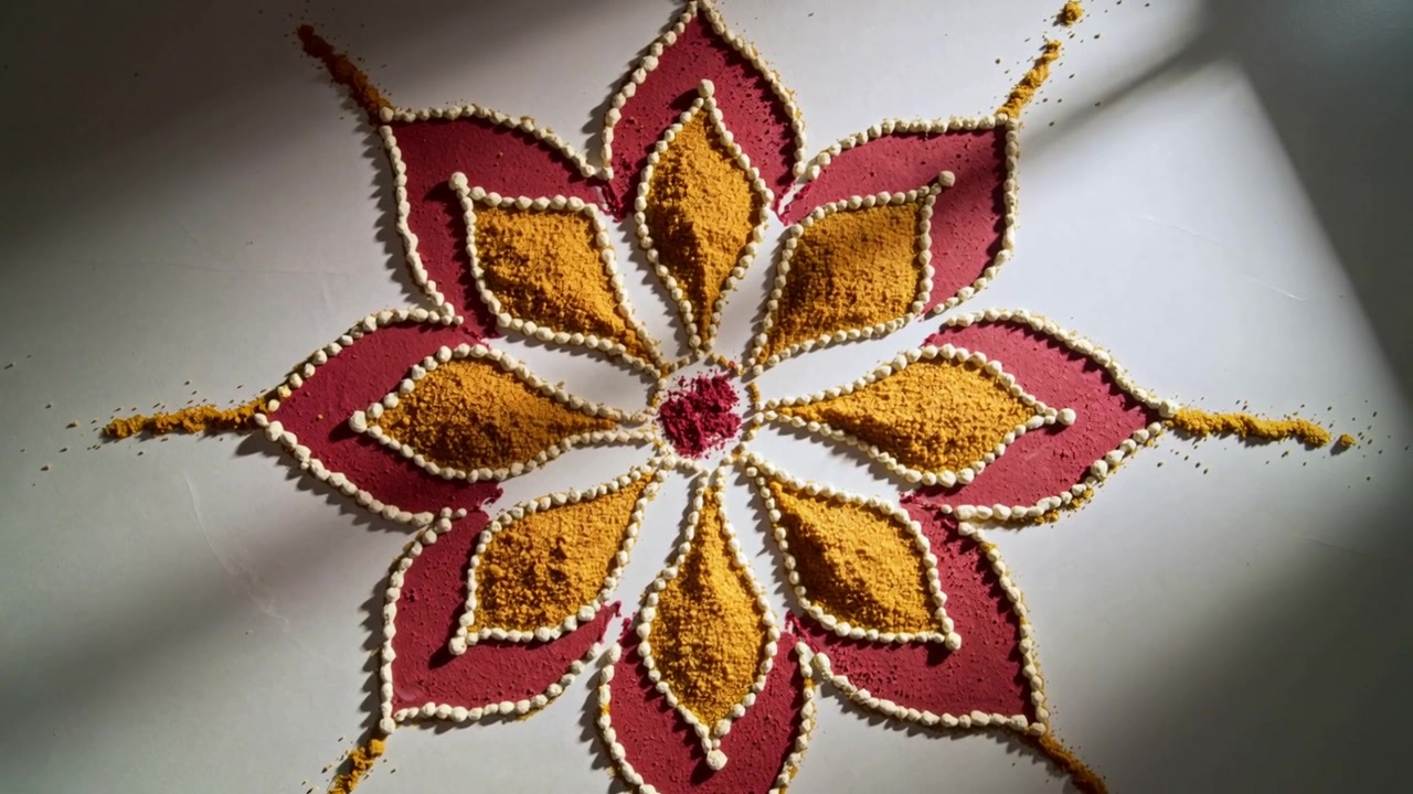 Kamera filmt florales Rangoli auf weißer Oberfläche, wobei sich der Winkel mit dem Sonnenlicht ändert und Puderpunkte sichtbar werden.
