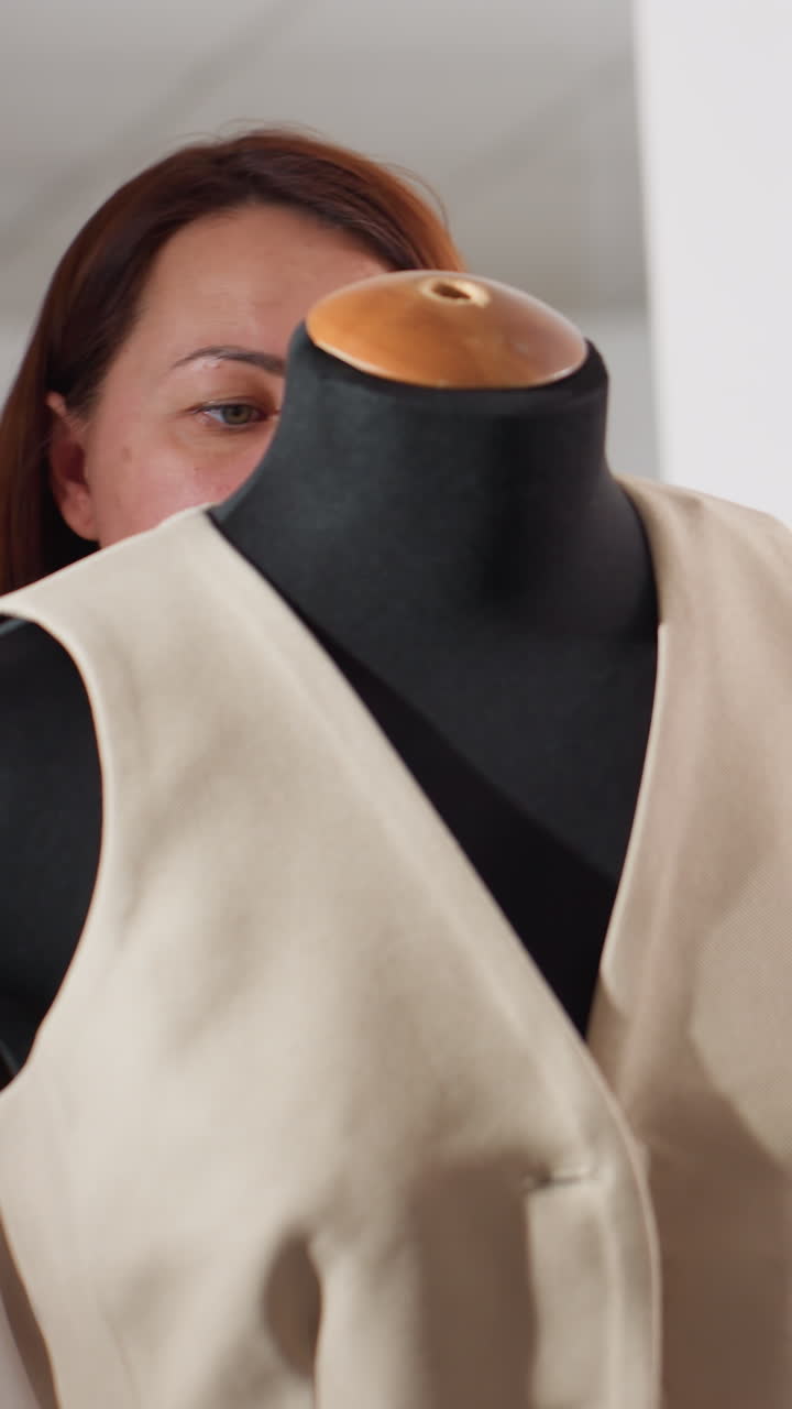 Artist showcasing attire, Creator displaying completed vest, Photograph of craftsman presenting finished garment, Artist with warm smile exhibiting completed clothing piece in studio setting