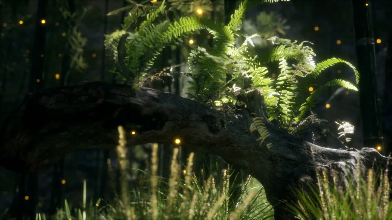 tronco del árbol doblado horizontalmente con helechos creciendo, y la luz del sol brillando