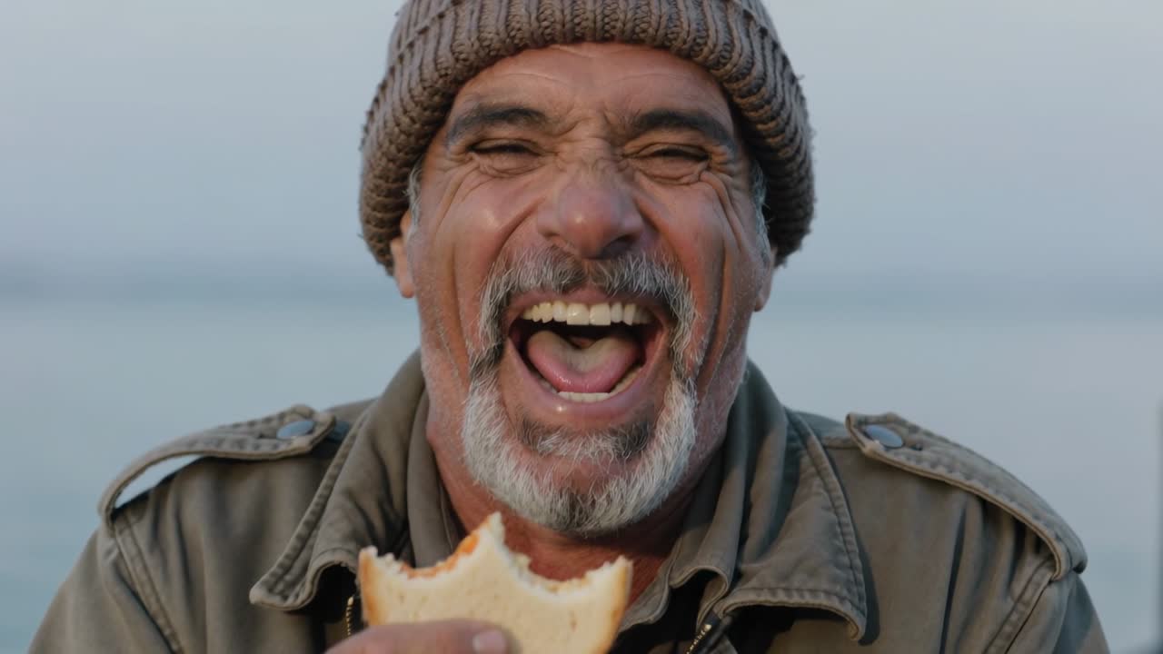 Camera zooming, senior Hispanic man holding roll laughing at pier with beanie and olive jacket