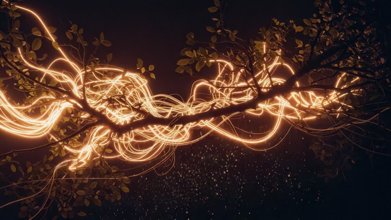 Illuminated Branches: A Mesmerizing Display of Light and Nature's Beauty Through Flowing Energy and Vibrant Light Trails in a Dark Atmosphere