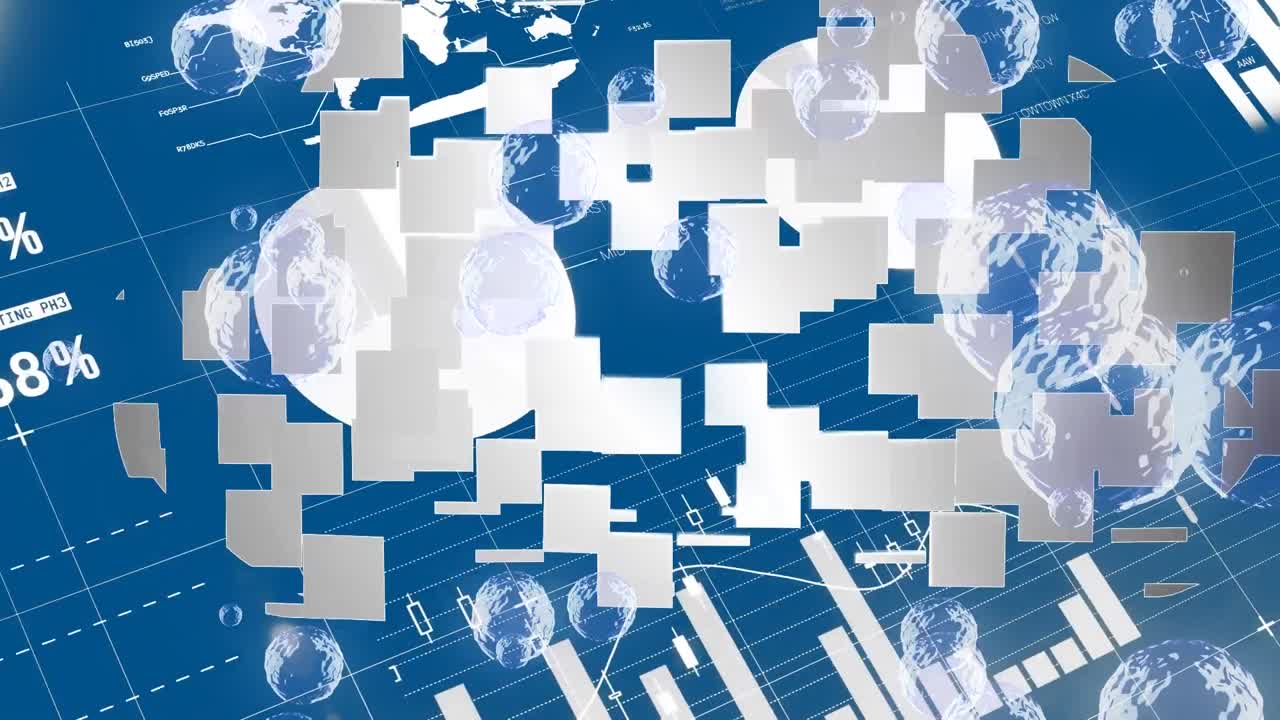 클라우드 아이콘 위의 거품의 애니메이션과 파란색 배경의 금융 데이터 처리