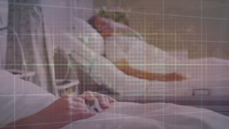 procesamiento de datos estadísticos y médicos contra un paciente masculino caucásico en una cama de hospital
