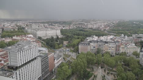 aerial view of the city of madrid, royal palace, plaza de españa, on a stormy, rainy day.