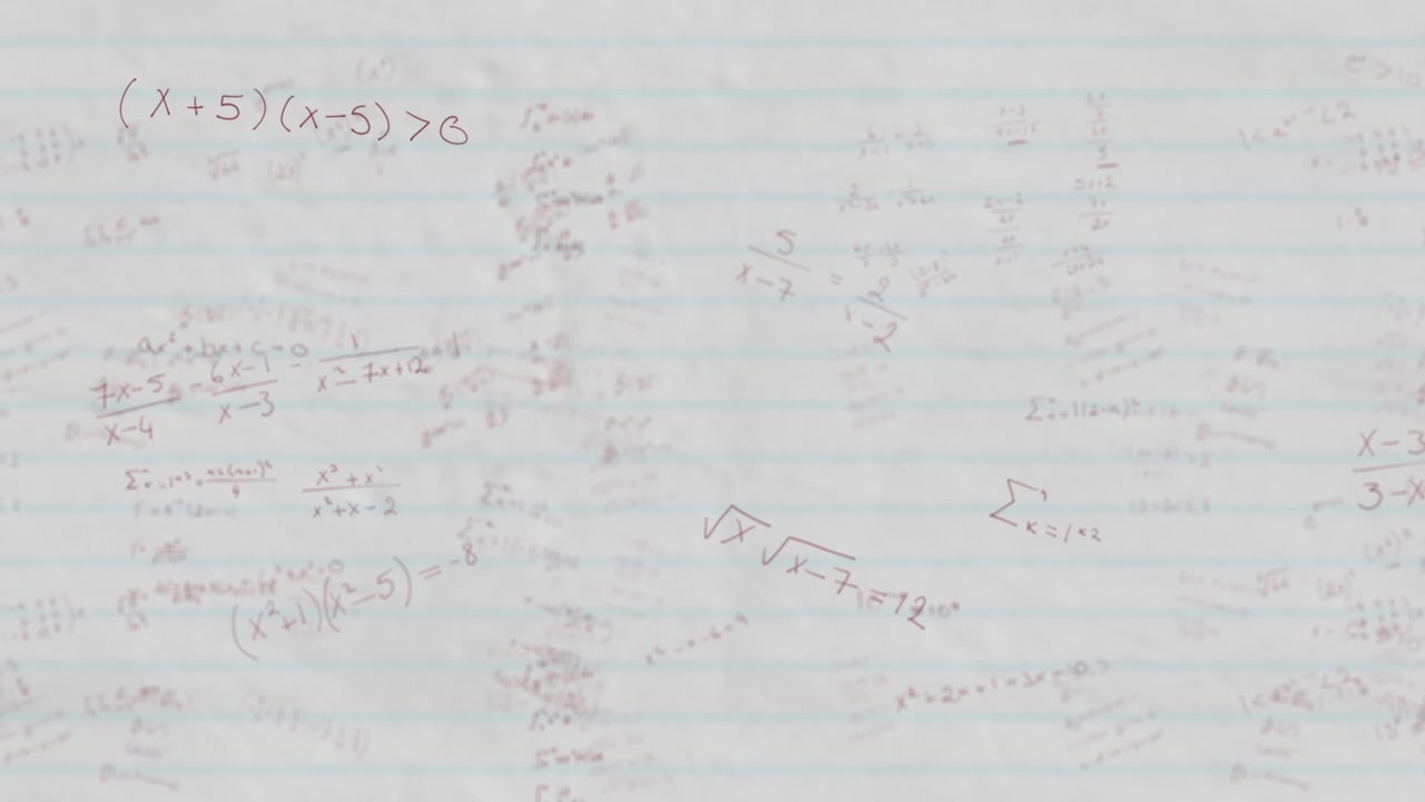 Mathematical equations moving against white ruled paper