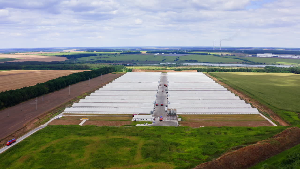 View from above on poultry farm. Newly built agricultural facilities in rural area. View from dron.