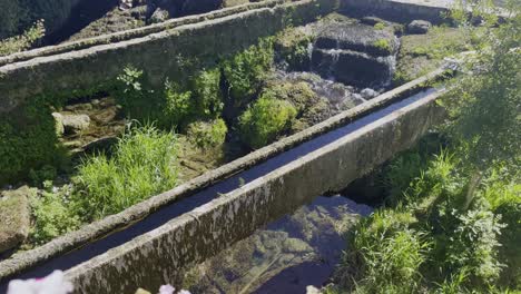 Antiguas-Tuberías-De-Agua-Históricas-Con-Un-Pequeño-Río-De-Agua-Con-Mucho-Musgo-Y-Plantas-Acuáticas