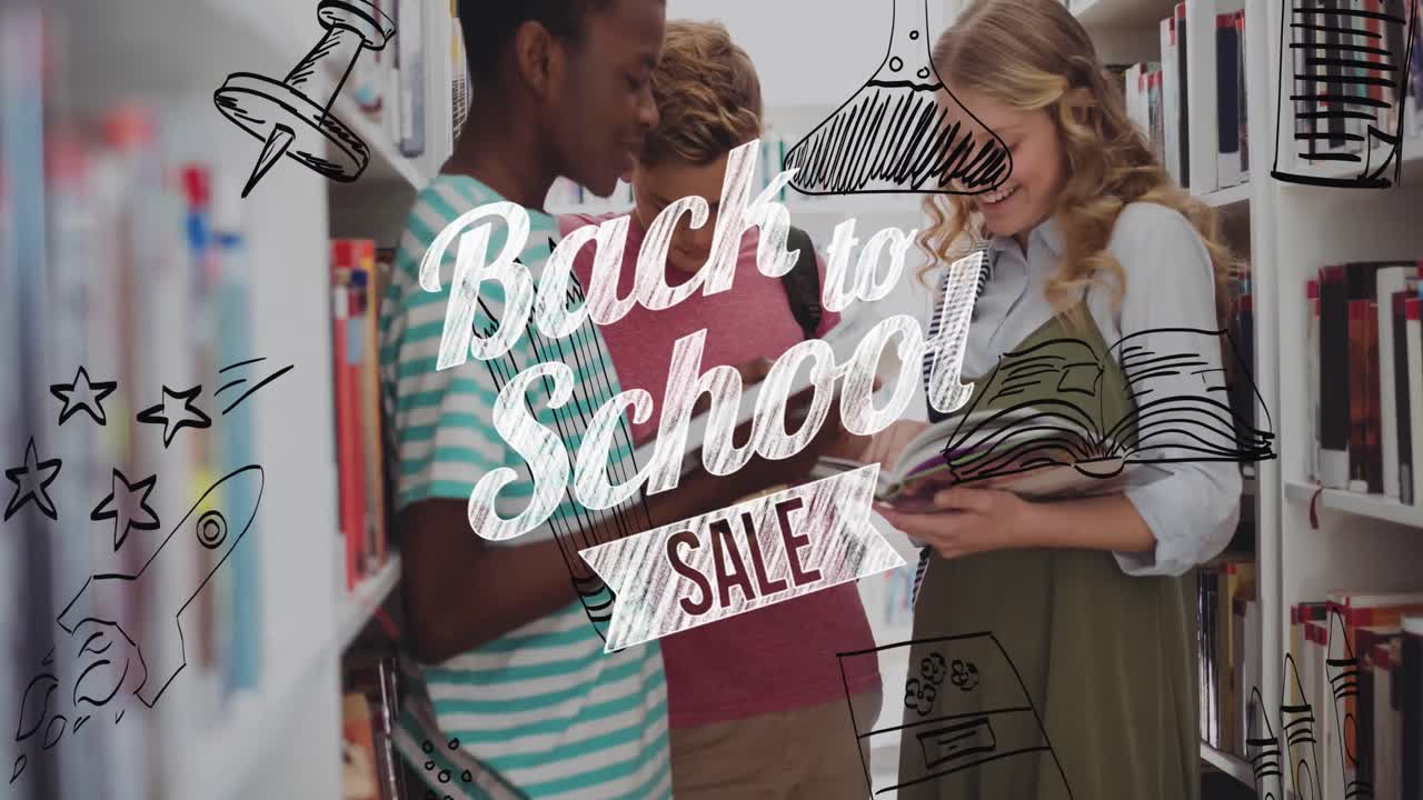 도서관에서 학교 아이템 아이콘과 학교 아이들의 학교 복귀 텍스트의 애니메이션