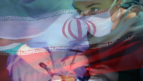 animación de la bandera de irán ondeando sobre los cirujanos en el quirófano