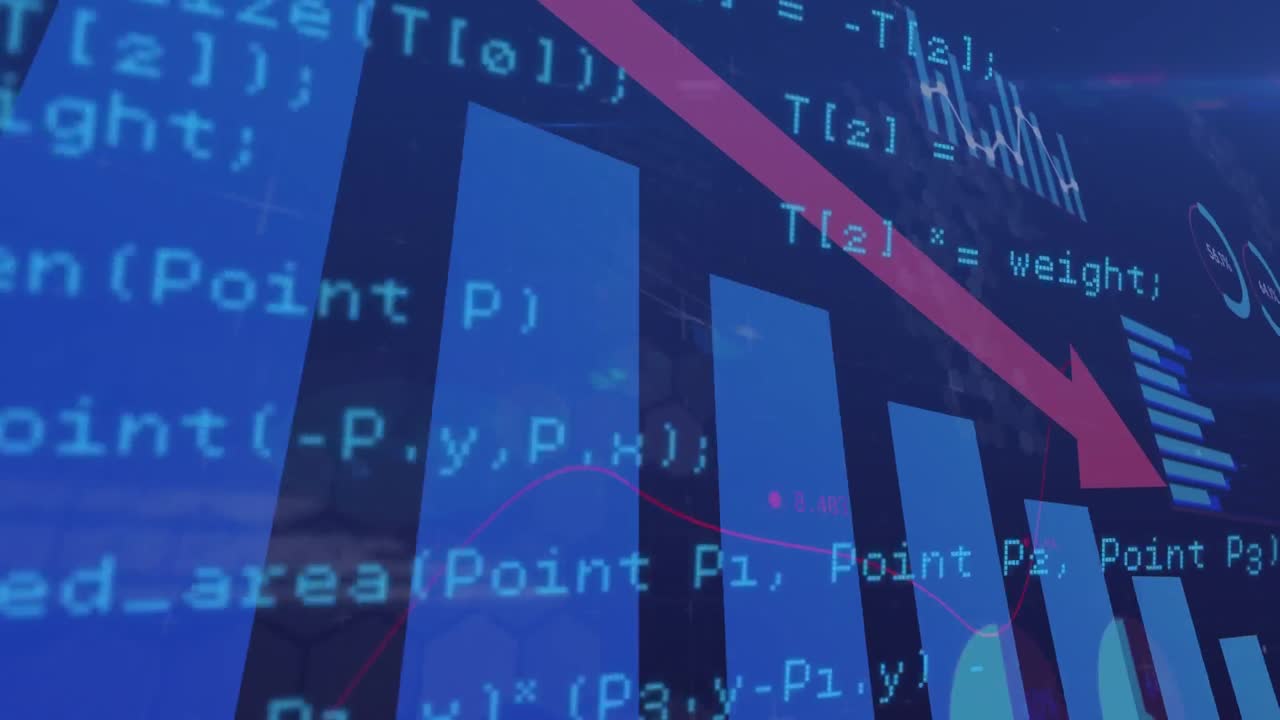 Digital animation of data processing over statistical data processing on blue background