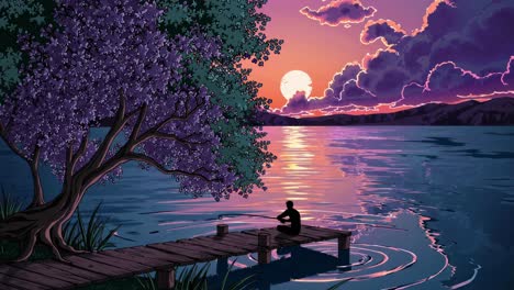 peaceful sunset fishing scene by the lake