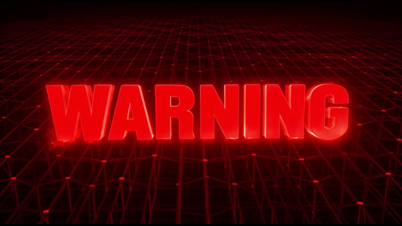 Red Glowing Warning Text on Abstract Digital Grid Background