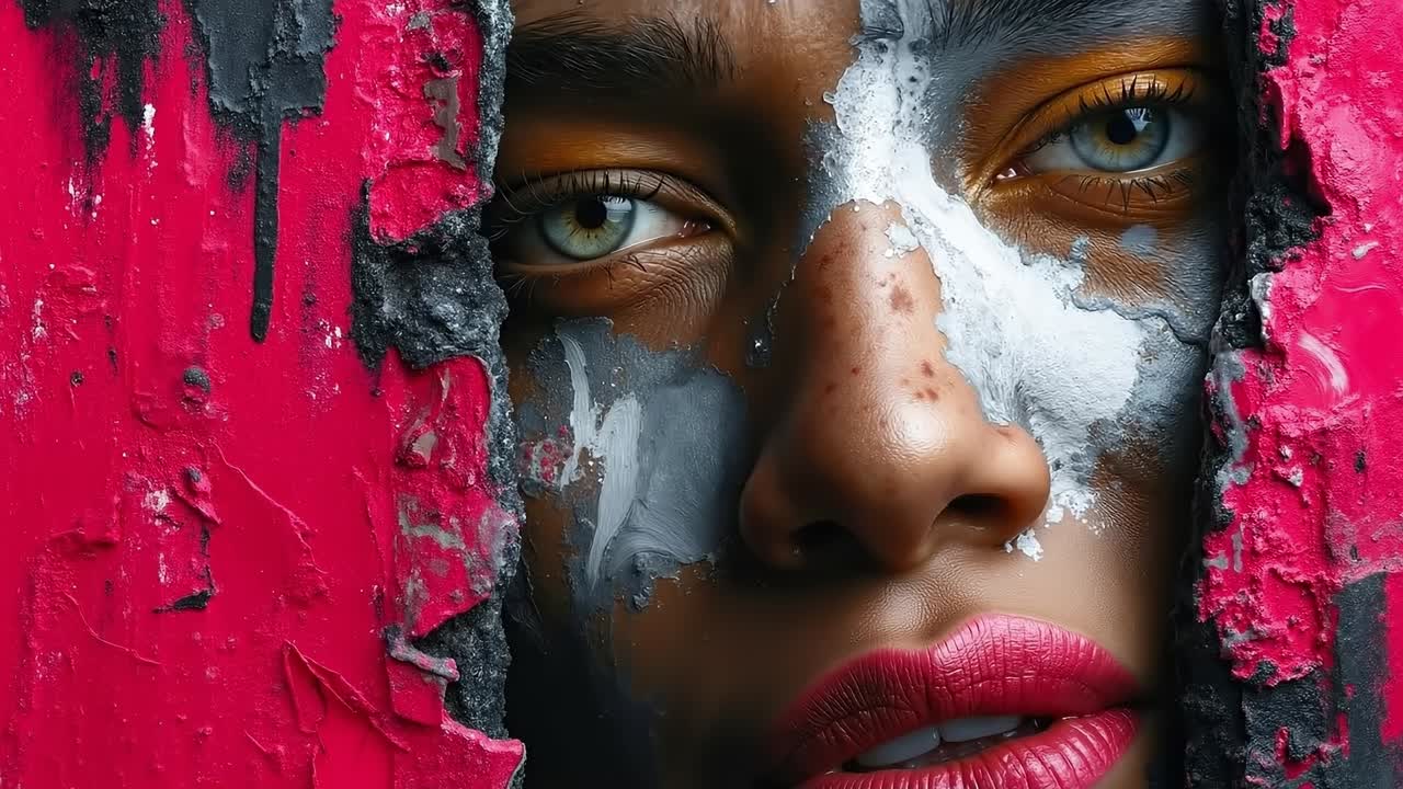 A woman with a face covered in paint and paint on her face