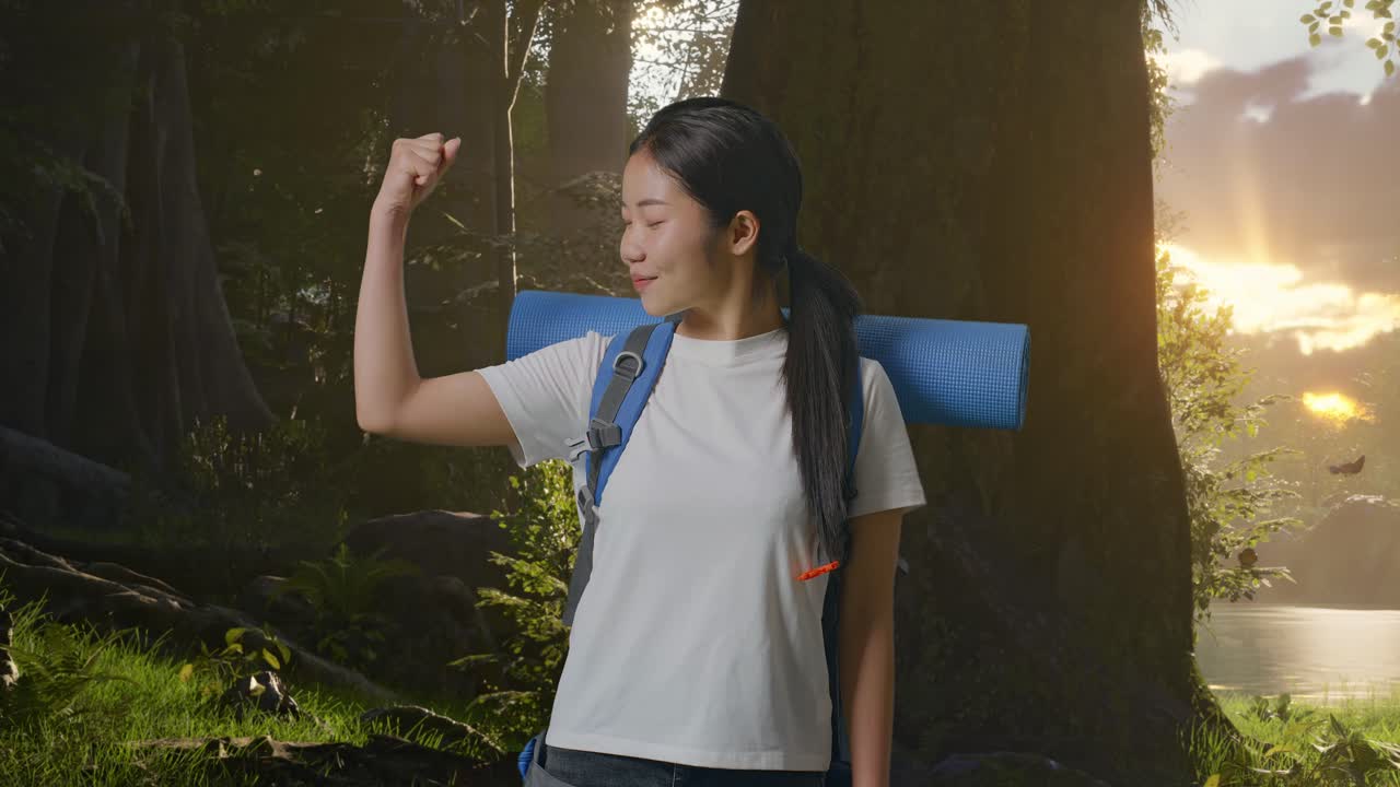 숲에서 하이킹하는 여자