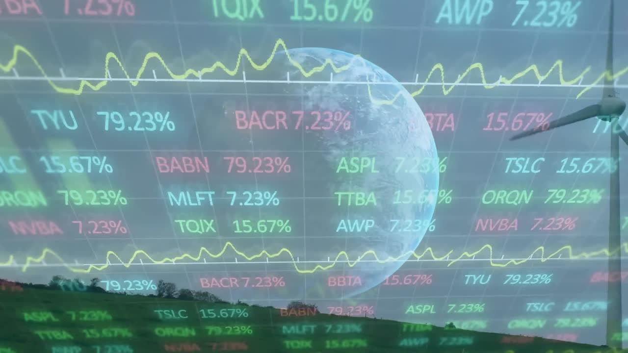 금융 데이터 처리의 애니메이션과 풍력 터빈 위의 지구