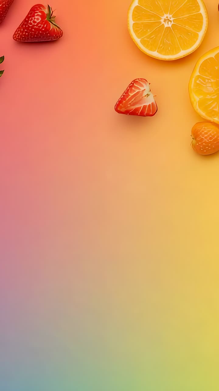 Vertical video: Revealing frames moving strawberry, sliced orange cluster into gradient, copy space