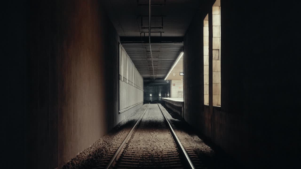 Lunga galleria ferroviaria sotterranea buia con banchina della stazione