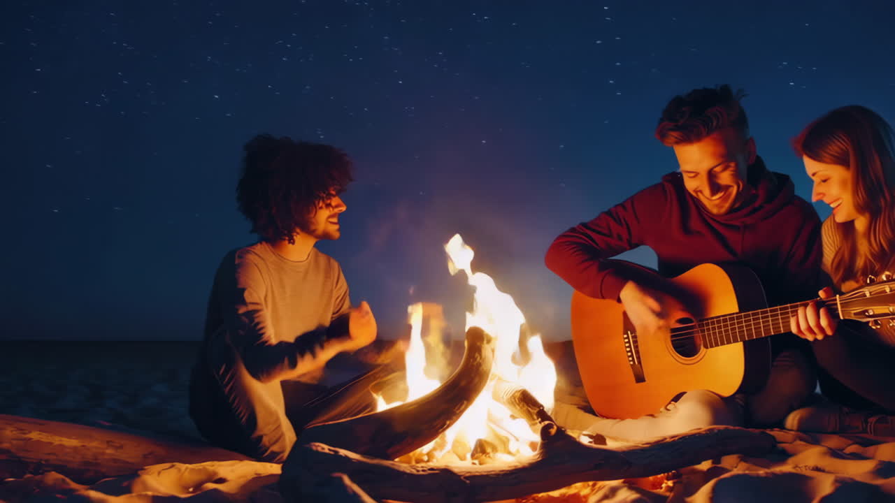 Friends Enjoying a Night by the Campfire on the Beach