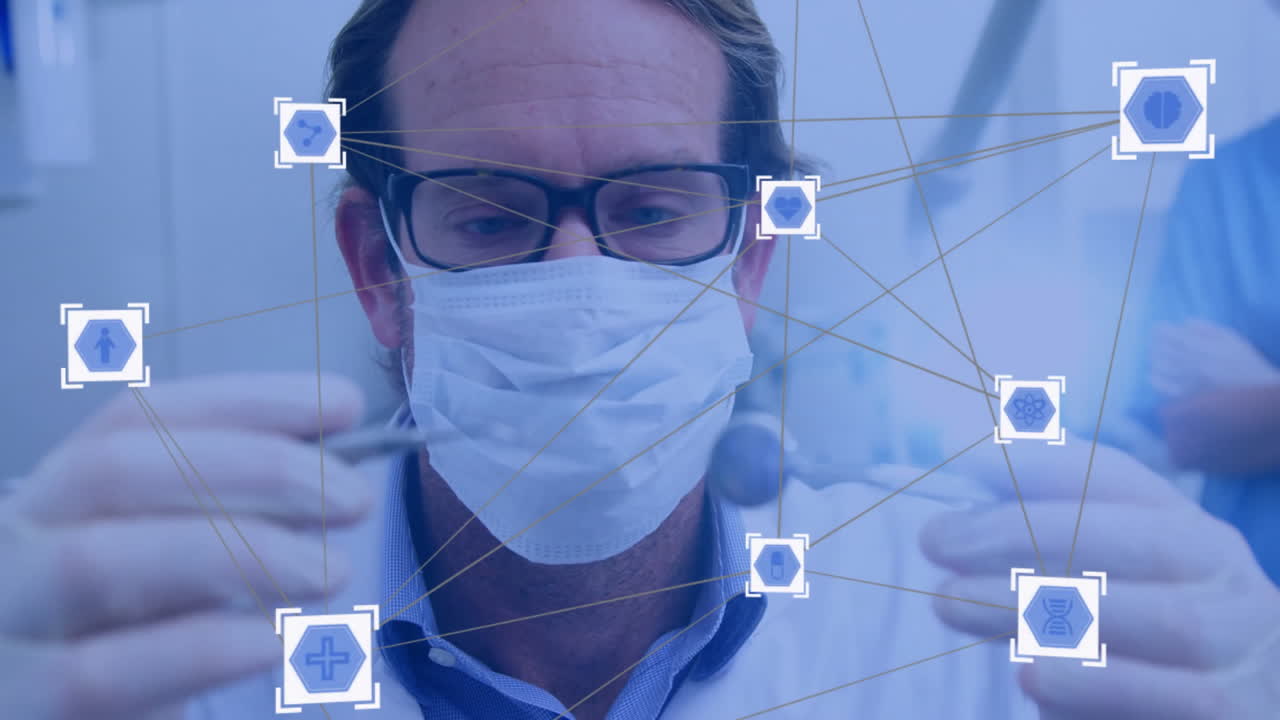 Medical professional wearing mask with healthcare network animation overlaid