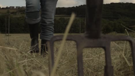 farmer in field walking towards pitching fork