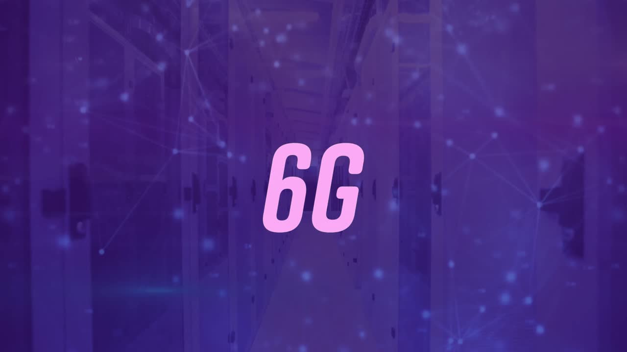 animación de texto 6g y red de conexiones a través de la sala de servidores