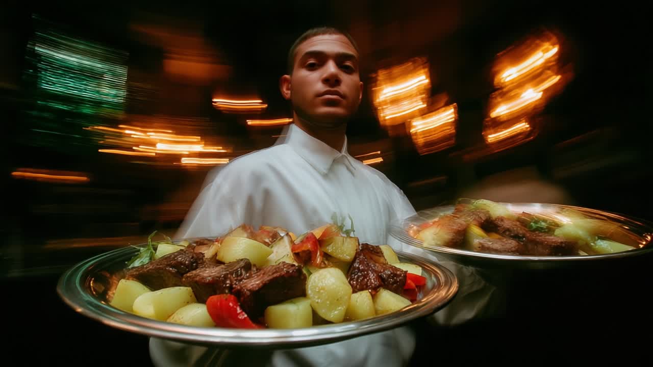 A skilled waiter elegantly balancing two trays loaded with deliciously prepared food, featuring succulent meats and fresh vegetables, all set against a blurred background that enhances the ambiance of fine dining