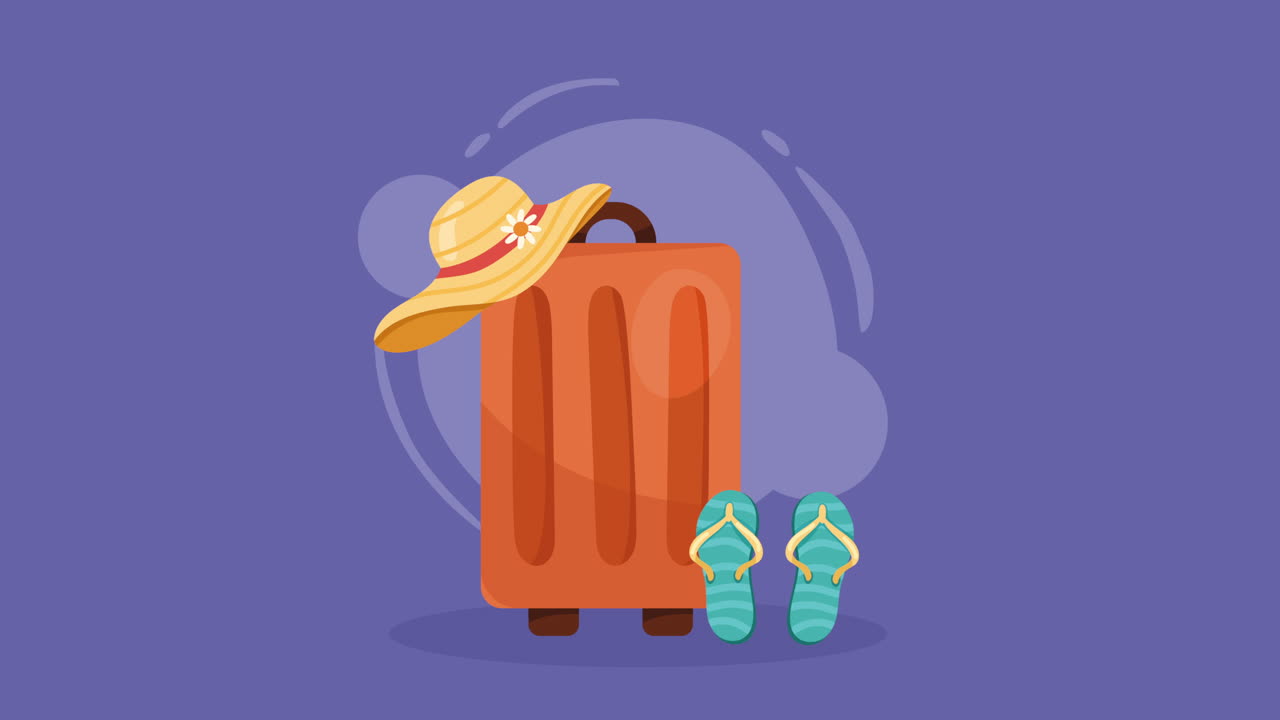animada maleta marrón con sombrero y chanclas