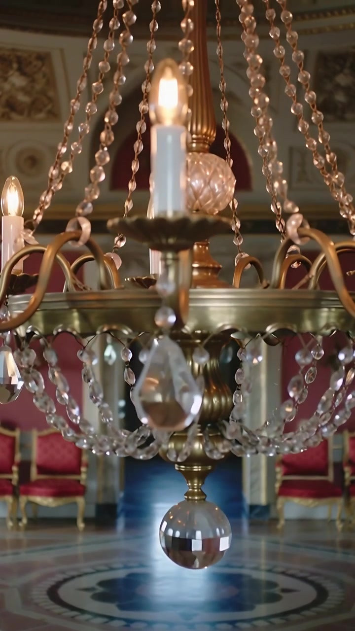 Video verticale: Telecamera che si muove verso l'interno verso un lampadario di cristallo e ottone in una grande sala, rivelando le lampadine.