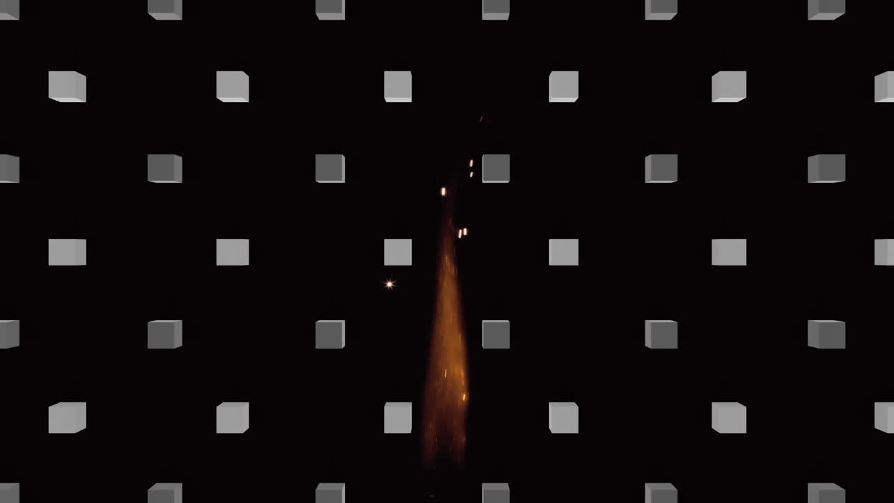 검은 바탕에 불꽃 위에 있는 큐브의 애니메이션