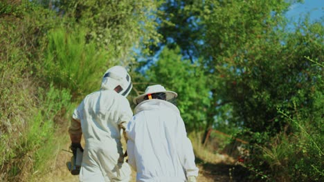 two beekeepers in protective suits walking through a natural environment towards beehives