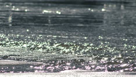 transparent pieces of ice in the big stream of the river