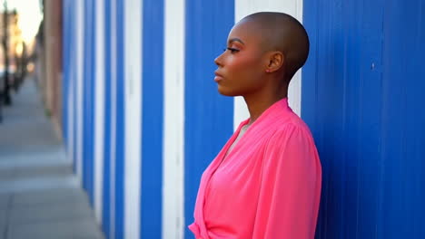 vibrant portrait of a woman with shaved head against a striped wall