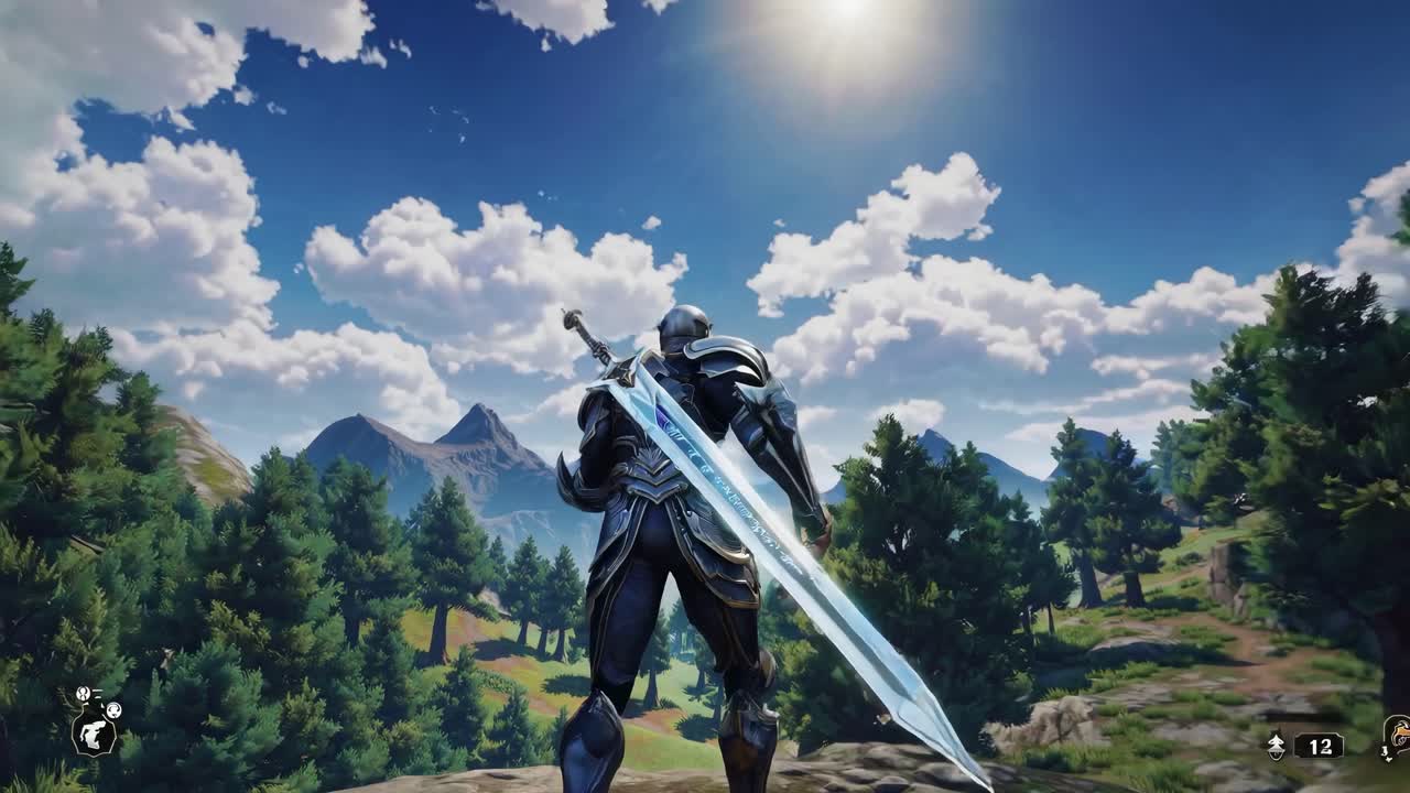 Epic fantasy video scene with a low-angle view of an armored warrior holding a sword