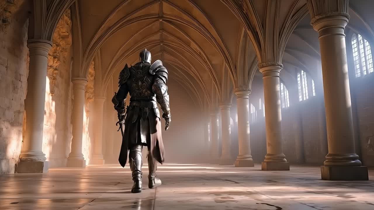 A man in armor walking through a large building with columns