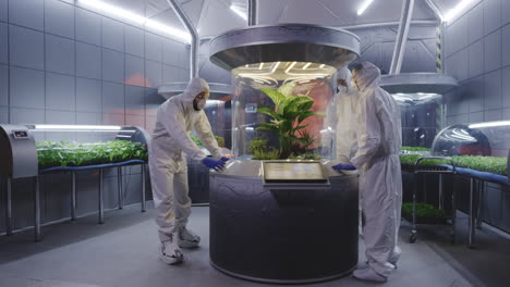 scientists inspecting plants in a futuristic space farm