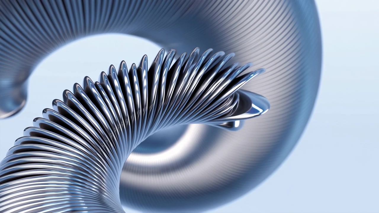 Closeup Chrome Spiral Coil Reflective Surface, Futuristic Industrial Loop Twisting Into Vortex Smooth Silver