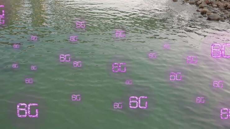 Animation of 6g text sand rocky shore with water landscape