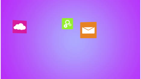 animación de iconos de medios en un fondo púrpura.