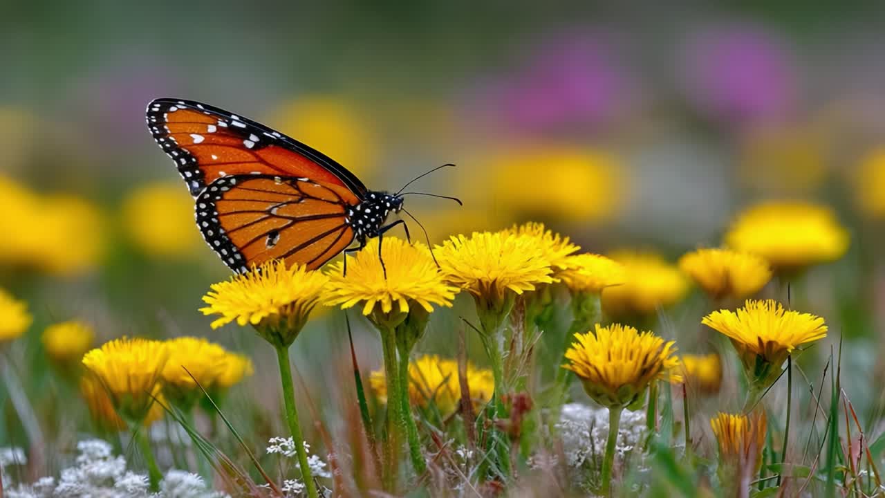 Una vivace farfalla monarca si posa delicatamente su un campo di fiori di tarassaco giallo brillante, circondata da uno sfondo colorato che ne esalta la bellezza naturale e l'eleganza.