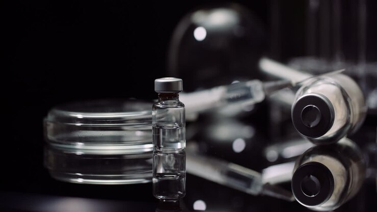 Laboratory Equipement: Syringe And Medicine Test Tubes And Flasks Rotating On Black Background 9