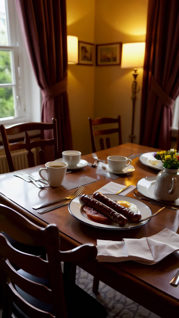 A Traditional Full Breakfast Spread on a Dining Table
