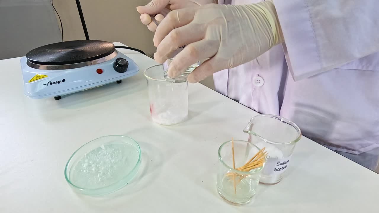 Scientist conducts sodium acetate crystallization using beakers and hot plate in a laboratory setting
