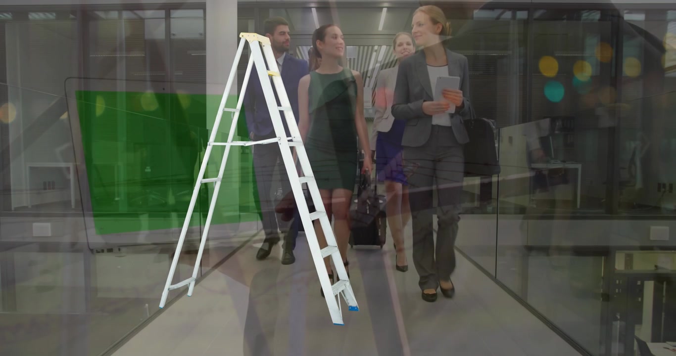 Animation of ladder over business people in office and electricity pylons
