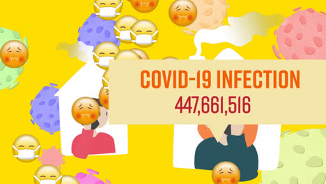 texto de infección por covid-19 con casos crecientes sobre hombre y mujer hablando en teléfono inteligente en el hogar iconos