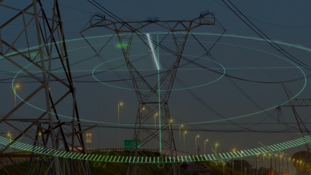 Digital data processing animation overlaying power lines in technology scene