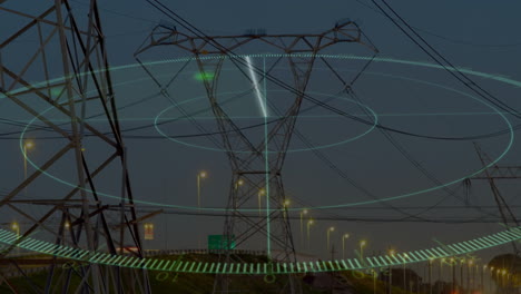digital data processing animation overlaying power lines in technology scene